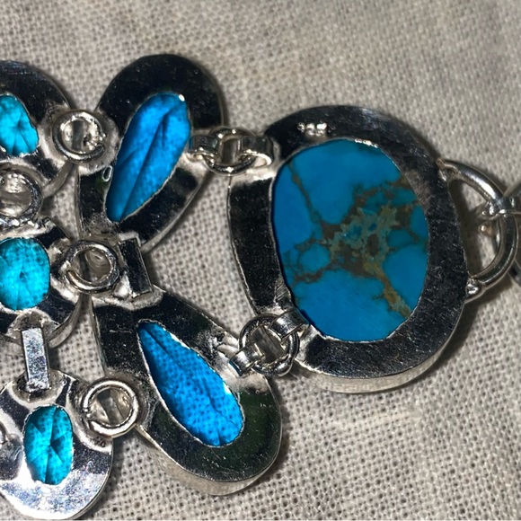 Gorgeous Tibetan Turquoise + Blue Topaz cluster statement cuff bracelet - Picture 8 of 15